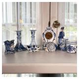 MIXED BLUE & WHITE CERAMICS | Includes: Tiffany & Co car figurine, candlesticks, small clock, vases 