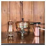 (3PC) MIXED COPPER COOKWARE | Includes: large copper fondue pot with brass stand and small oil lamp 