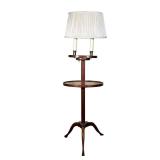 WOOD FLOOR LAMP WITH SHELF | Carved wood floor lamp with oval shelf and 2 bulbs. Shelf height 24.75i