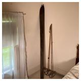 (4PC) ANTIQUE SKIS AND SKI POLES | Antique carved wood skis with antique bamboo and leather ski pole