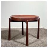 Modern Table on Stand | Inlaid wood round concave top on a four-leg stand. - h. 17.5 x dia. 19.5 in 