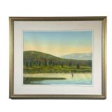 J.C. Wunderlich Signed Watercolor | Signed & dated 2003 watercolor depicting man fly-fishing in gilt