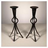  (2pc) Arts & Crafts Candlesticks | Pair of hand-wrought iron hammered candlesticks. - l. 3.75 x w. 