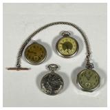 (4pc) Mixed Pocket Watches | Includes; Cariole fishing pocket watch, Westclox Pocket Ben, New Haven 