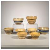  (8pc) Vintage Mixing Bowls | (8) Yellow ware mixing bowls. - h. 2.5 x dia. 5 in (Blue 3 band bowl)