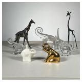 (7pc) Animal Figurine Lot | Includes: 2 metal giraffe figurines, 3 glass elephants, 1 gold painted e