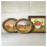 (3pc) Pastel Fruit Still Life Pair Lot | Two oval pastels in vintage gold frames and one oil on arti
