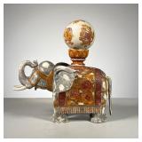 Large Elephant Figurine | Hand-painted elephant figurine carrying large carved and painted ball. - l