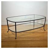 Iron and Glass Low Table | Two tier oval iron table with glass inserts. - l. 48 x w. 28 x h. 17.5 in