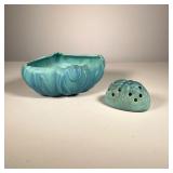 (2pc) VAN BRIGGLE LOW FORM TULIP POT | Tulip pot and matching large frog in turquoise/blue Both mark