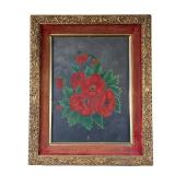 Poinsettia Oil Painting | Framed Poinsettia oil painting on wood in gilt frame. - l. 16.25 x h. 13.2