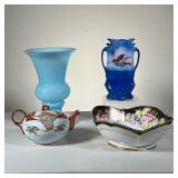  (4pc) Vintage Porcelain Lot | Lot Includes: (1) Hand painted fancy oval bowl, no mark. (1) Blue Vas