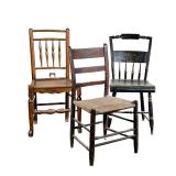 (3pc) Spindle Back - Hitchcock Chairs | Lot includes: (1) Spindle back oak chair (1) Hitchcock chair