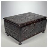 Folk Art Sunflower Box | Small box with carved Sunflowers and designs. Dark, crackled finish with lo
