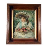 Girl w/ Flowers Print | 19th C Print of Young girl in flowery hat collecting roses. - l. 12 x h. 14 