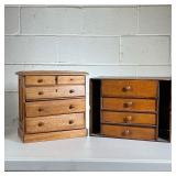  (2pc) Desk Cabinet & Jewellery Box | Desk piece is oak with butterscotch squiggle painted drawers a