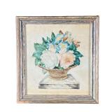 Flower Bouquet Watercolor Painting | Depicts bouquet of flowers in woven basket atop marble. - l. 10