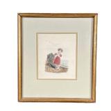 You G Girl On Beach Drawing | Depicts young girl in red dress walking along beach, small silhouettes