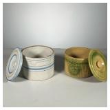 (2pc) Butter Crocks | (1) Green/Yellow w/flower design. (1) Grey with Blue bands. - h. 4.25 x dia. 6