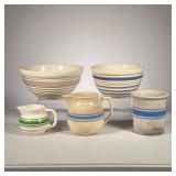  (5pc) Mixing Bowls Lot | Lot includes: (1) Pink Band Bowl Oven proof USA (1) Blue Band Bowl (3) Pit