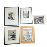  (5pc) City Etchings & Prints | Assorted etchings and prints of city and harbor scenes. - l. 15 x h.