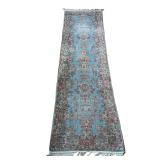 Blue And Pink Runner | Sky blue rug with pink floral pattern. - l. 124 x w. 34 in 