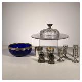 (10pc) Sterling On Glass Lot | Lot Includes: (1) Blue Bowl 925 Rim. (4) Small Cordials with 925 over