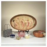 (7pc) Vintage Baskets | Lot Includes: (1) Basket Tray with Butterflies. (1) Red wire basket with han