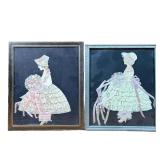  (2pc) Pair Framed Miniature Dresses | Depict 2 women in long hoop dresses holding bouquet of flower