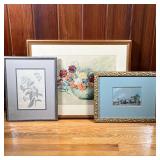 (3pc) Mixed Framed Flower Art | Includes: Cornelia Herrick Hunter sketch, blackberry oil painting, a