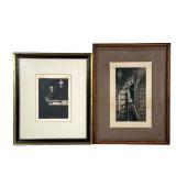  (2pc) Antique Black & White Etchings | Includes man atop a ladder in a library and lone women sitti
