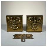 (3pc) PM Craftsmen Doctor Bookends | PM Craftsmen Physician heavy Brass Bookends Pair with label. Al