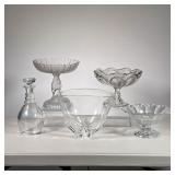  (5pc) Glass Compotes Lot | (1) Frosted Glass Compote with hand. (2) Glass Compotes (1) Crystal Deca