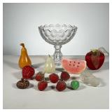  (13pc) Vintage Fruit W/Glass Compote | Lot includes: (1) E A P Glass Compote. (5) Vintage Beaded St