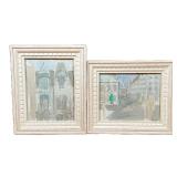 (2pc) MODERNIST WATERCOLOR SKETCHES | Depicting city streets and homes in white frame, both indistin