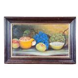 AMERICAN SCHOOL (19TH CENTURY) STILL LIFE | Tabletop still life with cut fruits, grapes. Oil on boar
