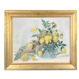 MARY E. JOSELYN (19TH/ 20TH CENTURY) | Signed and dated 1891 still life of yellow roses in round vas