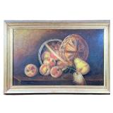 AMERICAN SCHOOL (20TH CENTURY) STILL LIFE | Depicts peaches in woven basket with pears in gilt frame