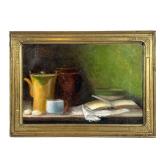 AMERICAN SCHOOL (19TH CENTURY) | Tabletop still life. Oil on canvas. 8 x 12 in. Showing vessels, a t