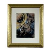 JAZZ TRUMPET PLAYER PRINT | Depicts jazz trumpet player with bee & honey coming out of the horn. 8 x