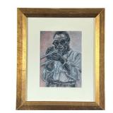 AMERICAN SCHOOL (20TH CENTURY) JAZZ ART | Titled "Trumpet Player" crayon on wax paper 5.75 x 7.75in 