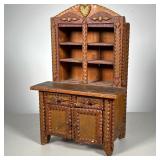 MINIATURE TRAMP ART CUPBOARD | Tramp Art StepBack Cupboard with gold painted accents. Two drawers ov