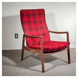 JOHN STUART FOR FRANCE & SONS ARMCHAIR | Red plaid upholstered backrest and seat suspended from a te