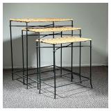 (3pc) MID CENTURY WICKER TABLES | (3) Wicker and Wrought Iron Nesting Tables. - Tallest Table. 
