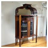 CARVED & INLAID ART NOUVEAU CABINET | Carved arch top gallery with pierced openwork whiplash devices