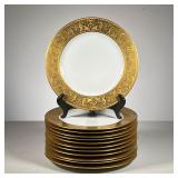 (12pc) T&V LIMOGES GOLD RIM DINNER PLATES | Set of 12 Embossed Gold Rim Dinner Plates Plates - dia. 