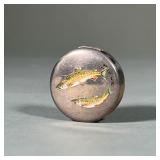 ART ENAMELED TROUT PILL BOX | Sterling silver round pill box hinged lid, decorated with two colorful