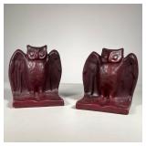 (2pc) ART POTTERY OWL FORM BOOKENDS | Owl perched on an open book in deep purple/red glaze, no appar