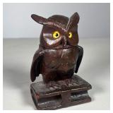 CARVED WOOD OWL-FORM INKWELL | Carved Owl inkwell on book. With Glass ink insert. 