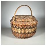 LARGE COVERED RIBBON BASKET | Carved swing notched handle. Nice colors. With cover. - dia. 14 in. 